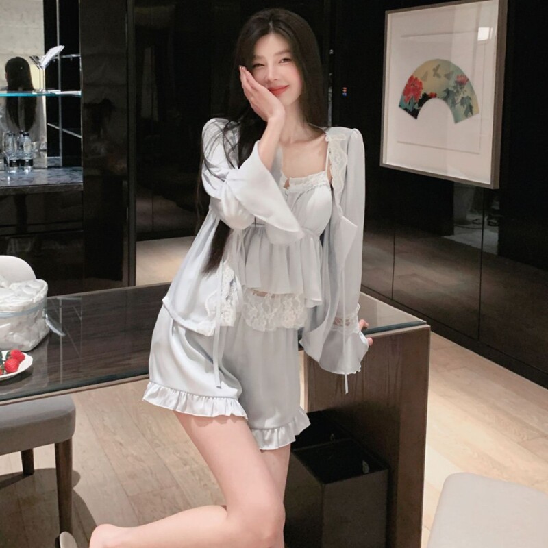 Exquisite French-Style Four-Piece Pajama Set, Palace-Style Long-Sleeved Ice Silk Pajamas for Women, Summer Pure Lust Lace Princess-Style Set Exquisite French-Style Four-Piece Pajama Set, Palace-Style Long-Sleeved Ice Silk Pajamas for Women, Summer Pure Lust Lace Princess-Style Set