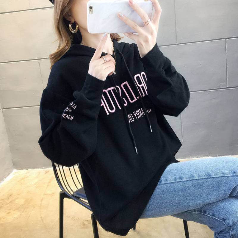 (2개) 봄과 가을 얇은 면 스웨터 여성 한국식 신형 통통녀 긴팔 티셔츠 느슨한 BF 플러스 사이즈 학생 후드