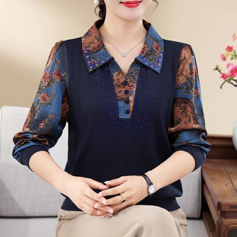 2025秋冬季新款衬衣中年妈妈复古印花恤宽松遮肉气质翻领上衣女|undefined