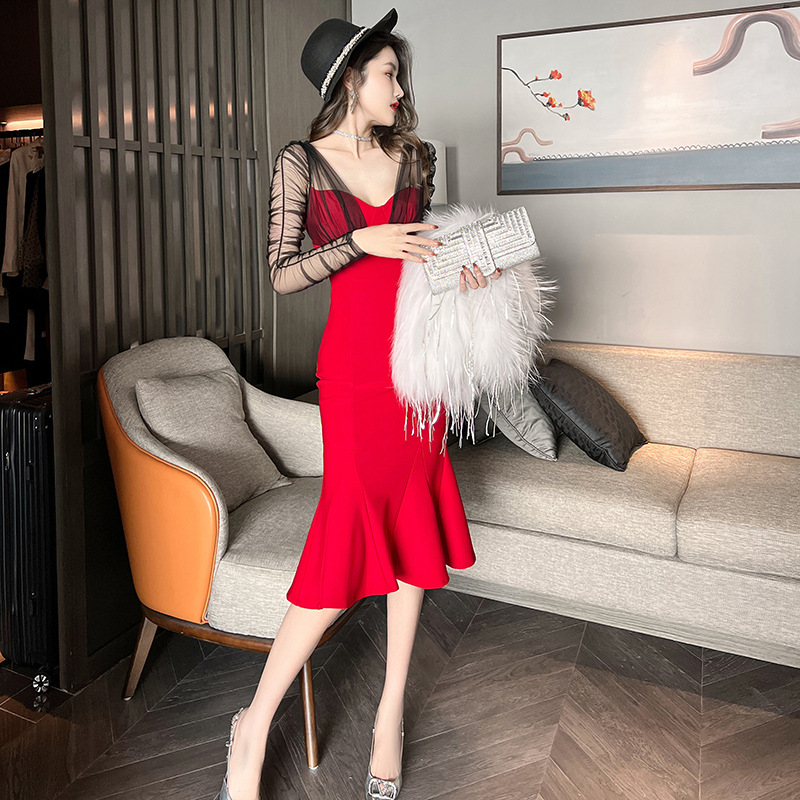 Đầm dạ hội nữ tay dài phối lưới xuyên thấu ôm sát dáng đuôi cá — Màu đỏ