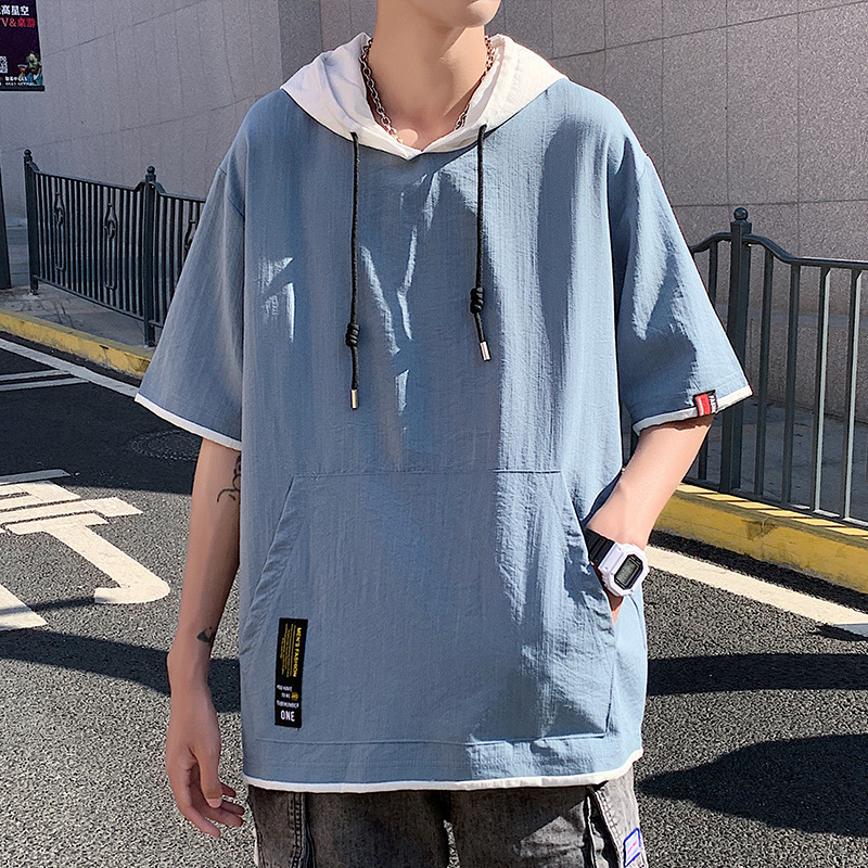 Men's Summer Hooded Blue Fake Two-piece Short-sleeved Sweat Basic Simple Solid Color Ice Silk Loose Hooded T-shirt Short-sleeved