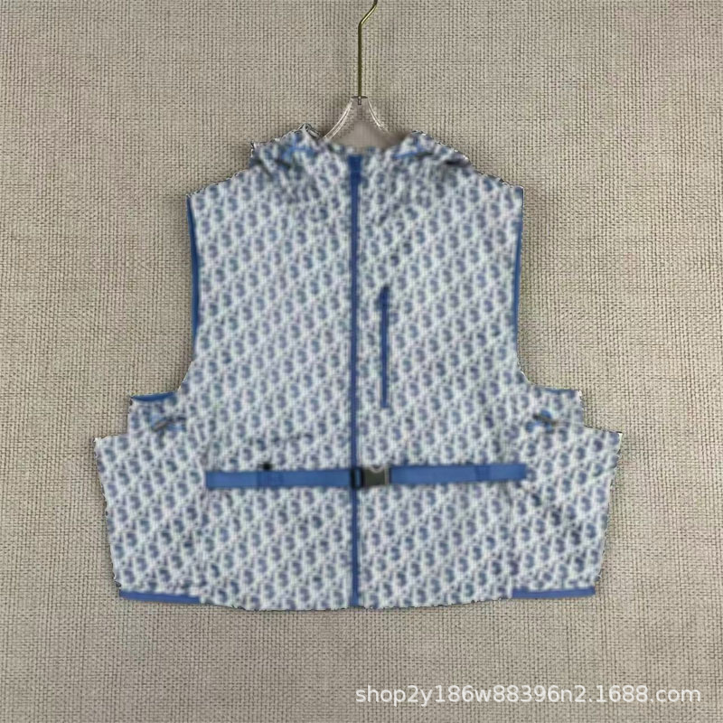 2025 Summer New Fashion All-match Blue Old Flower Casual Hooded Vest for Women