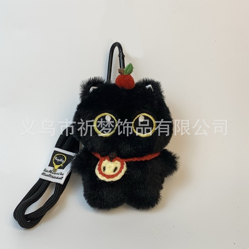 可爱呆萌抱小鱼大眼黑猫挂件毛绒玩偶情侣包挂件创意小黑猫钥匙扣|undefined
