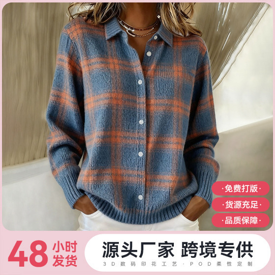 2025 New Style Knitted 3D Printed European and American Christmas Autumn and Winter Tops Women's Shirts with Turn-Down Collar and Four-Way Stretch