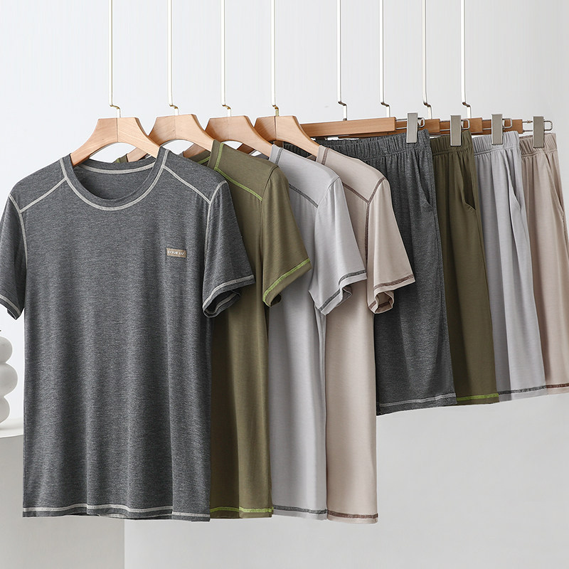 Modal Men's Round Neck Short-Sleeved Suit Summer Thin Casual Top Shorts Home Loose Pajamas Home Clothes Modal Men's Round Neck Short-Sleeved Suit Summer Thin Casual Top Shorts Home Loose Pajamas Home Clothes