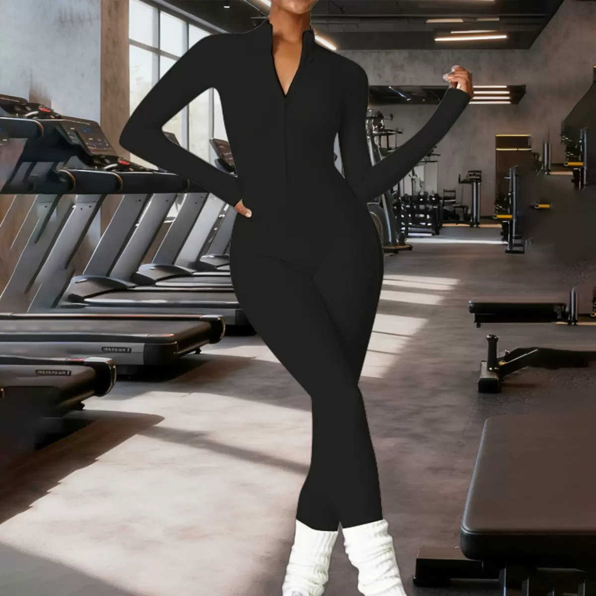 欧美跨境秋冬季拉链长袖长款瑜伽连体服女运动健身一体紧身连体衣