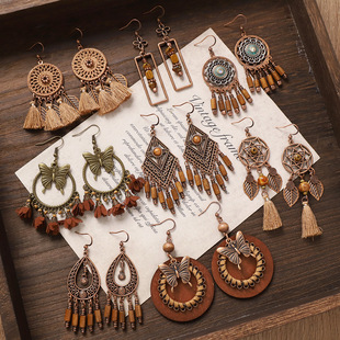 Retro style bohemian earrings niche design long tassel new Chinese style national style earrings vacation earrings for women