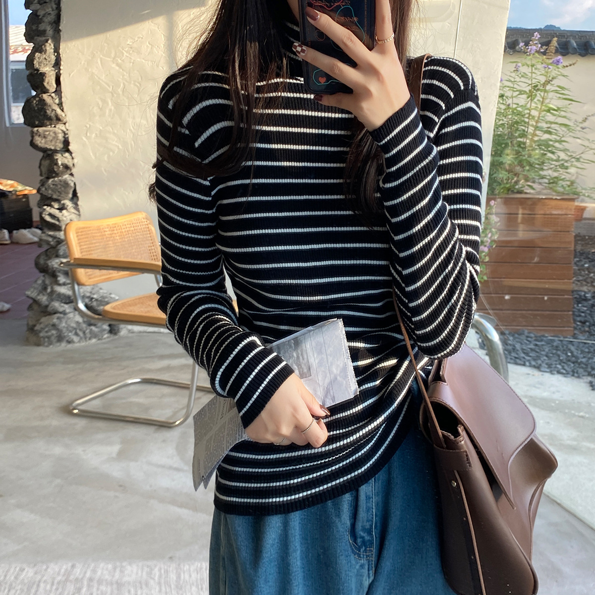 striped turtleneck plus velvet thick knitted shirt nihaostyles clothing wholesale NSFYF85647