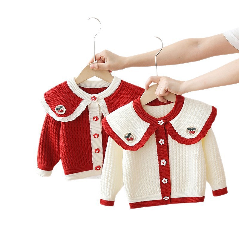 Sweet cardigan for girls, new style, spring and autumn, baby wear, knitted sweater, large collar, children's sweater coat