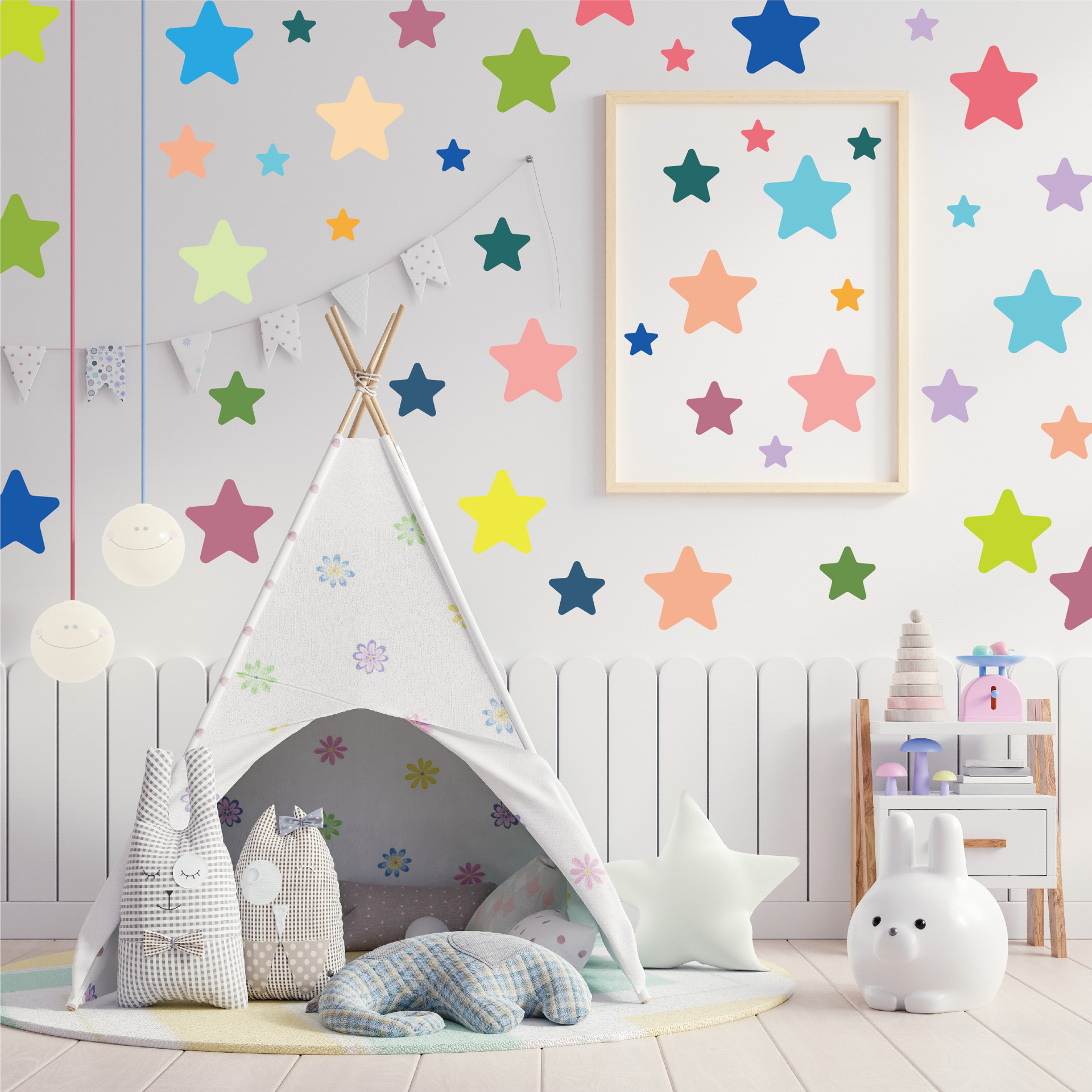 Bunte Fünf-Sterne-Cartoon süße selbstklebende Home Living Bett Kindergarten Kinderzimmer Wandaufkleber_voghion.com