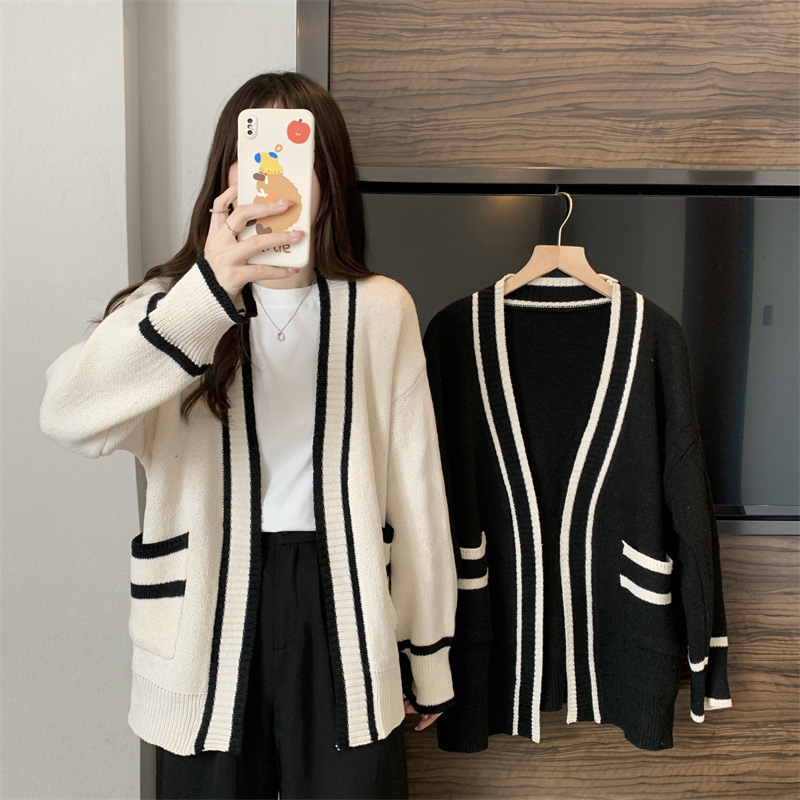 Autumn and Winter New High-End Korean Style Loose Pocket Preppy Fashion Sweater Cardigan Color-Block Knitwear Jacket for Women