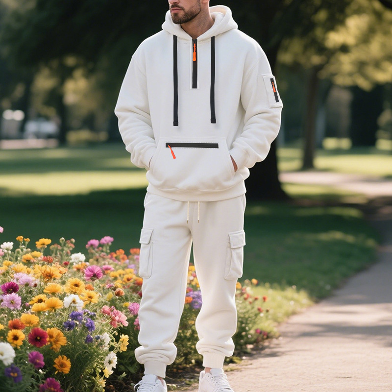 Heavyweight Fleece-Lined Big & Tall Men's Workwear Jogger Set Winter Cargo Pocket Hoodie & Pants_viptrois.com