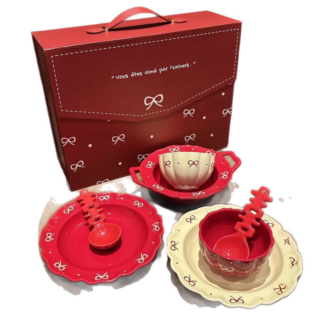 Juego de platos de regalo de compromiso de recién casados, vajilla de caja de regalo de boda para el hogar, vajilla roja de cerámica, vajilla, vajilla, regalo