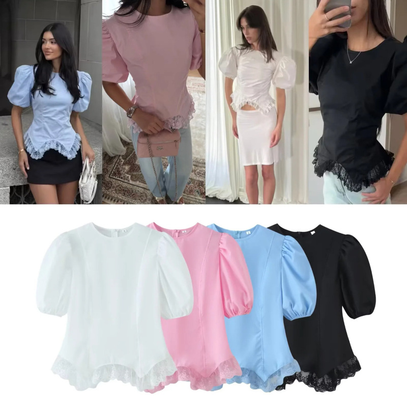 Cross-Border European and American Women's Clothing, Aliexpress Hot-Selling Fashion Casual Short-Sleeved Top with Floral Edge and Puff Sleeves