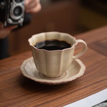黄汝窑创意手作咖啡杯配碟家用高级感陶瓷米黄马克杯下午茶具壶承