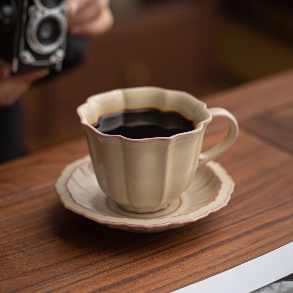 黄汝窑创意手作咖啡杯配碟家用高级感陶瓷米黄马克杯下午茶具壶承