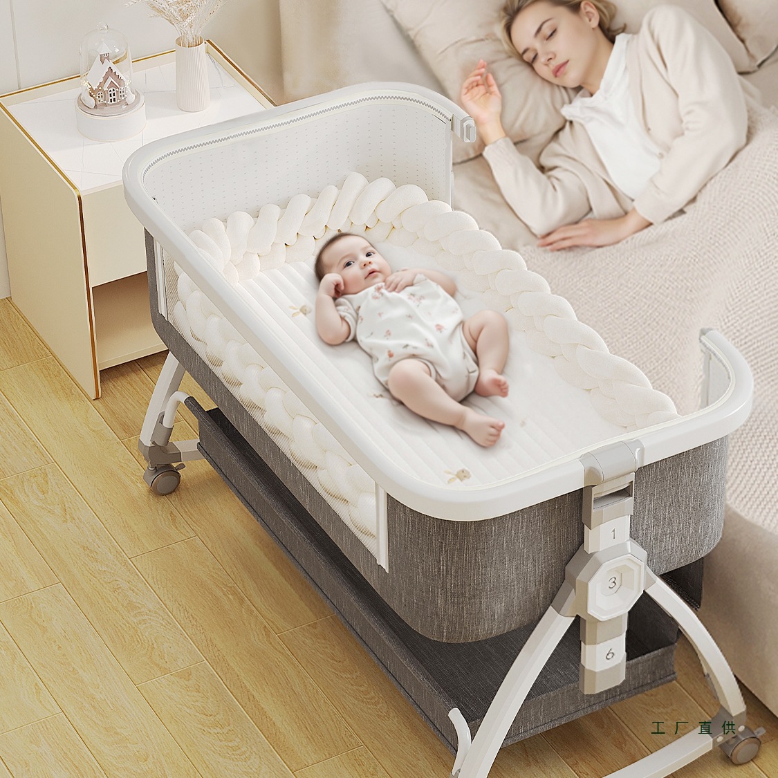 Crib Removable Foldable Portable Splicing Bed Two-In-One Multifunctional Baby Bed Newborn Cradle