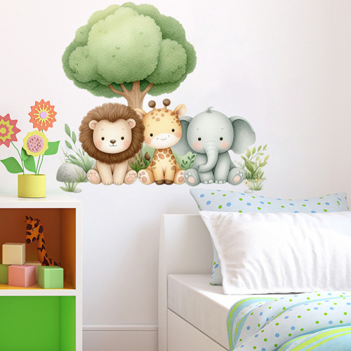 Illustrated Animal Sticker Living Room Entrance Home Decor Self-adhesive Cute Lion Elephant Wallpaper