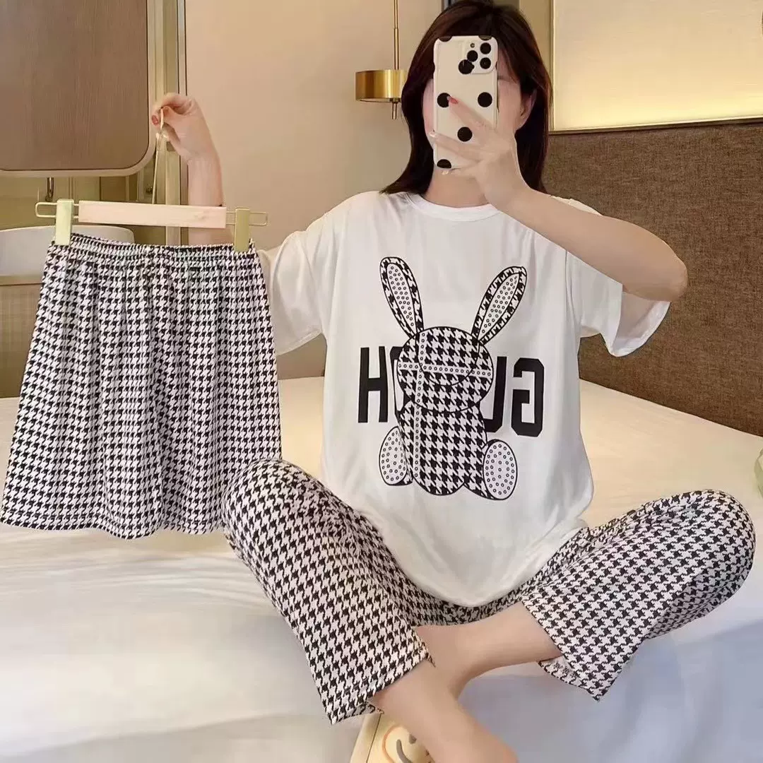 新款睡衣女夏季薄款短袖长裤2025年甜美卡通三件套装家居服可外穿