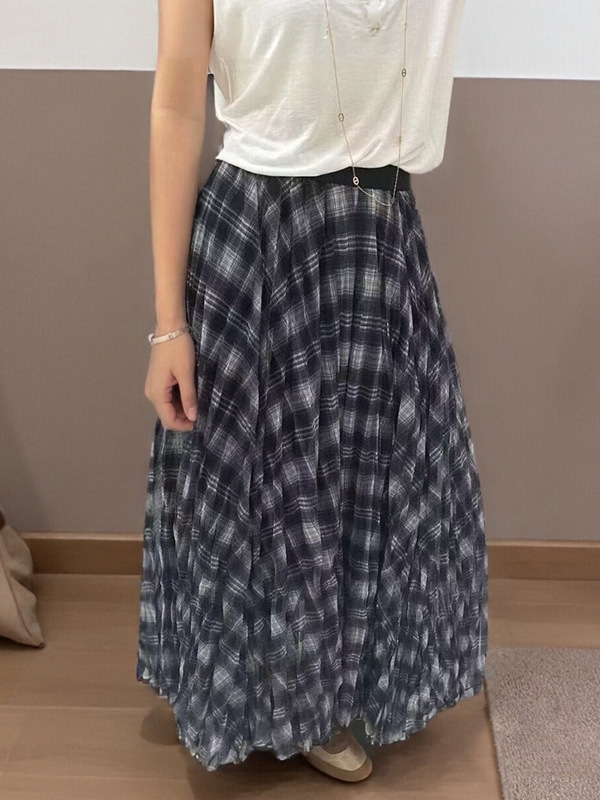 网纱拼接垂感褶皱宽松大摆伞裙撞色格纹半身裙女秋季2025新款高腰|undefined