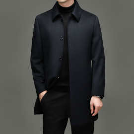 秋冬新款翻领单排扣纯羊绒大衣中老年男装高端中长款风衣夹克上衣