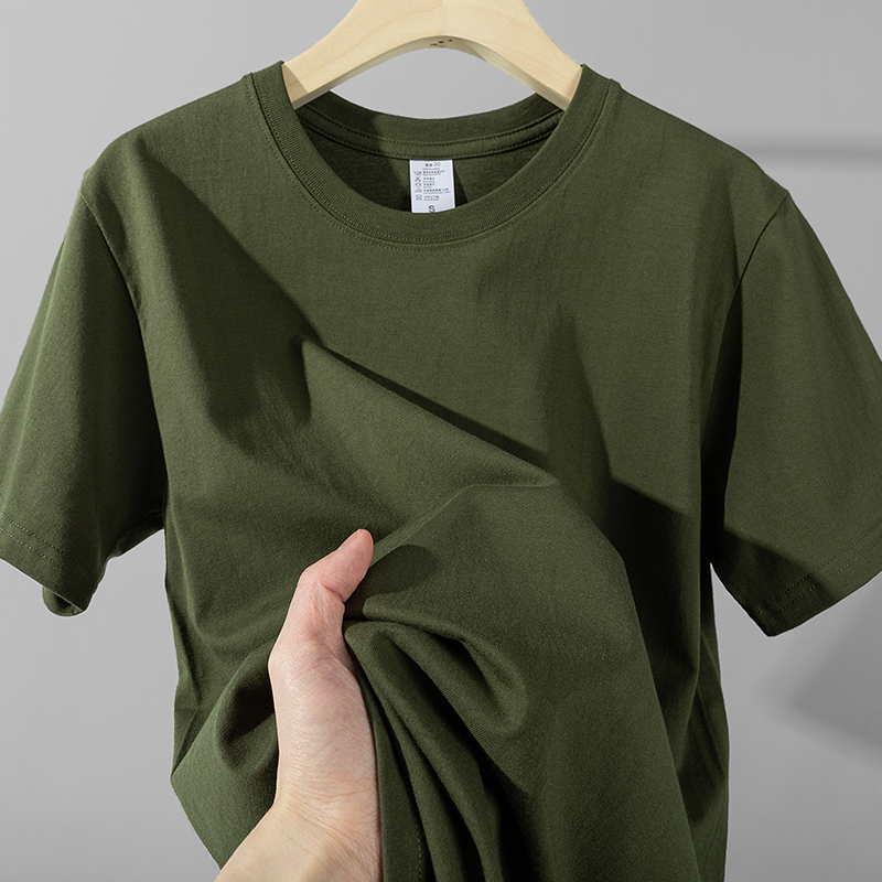 Military Green Heavyweight Soft and Skin-Friendly Short-Sleeved T-Shirt for Men, Solid Color, Large Size, Loose Fit, Sports and Casual Top