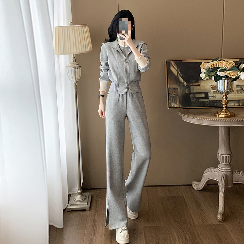 高级感灰色运动套装女秋休闲百搭洋气减龄假两件外套阔脚裤两件套|undefined