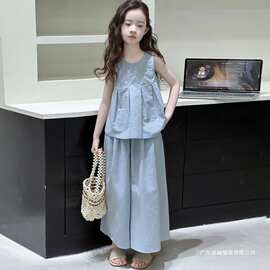 女童无袖棉麻套装夏季薄款2026新款儿童洋气韩系大童阔腿裤两件套