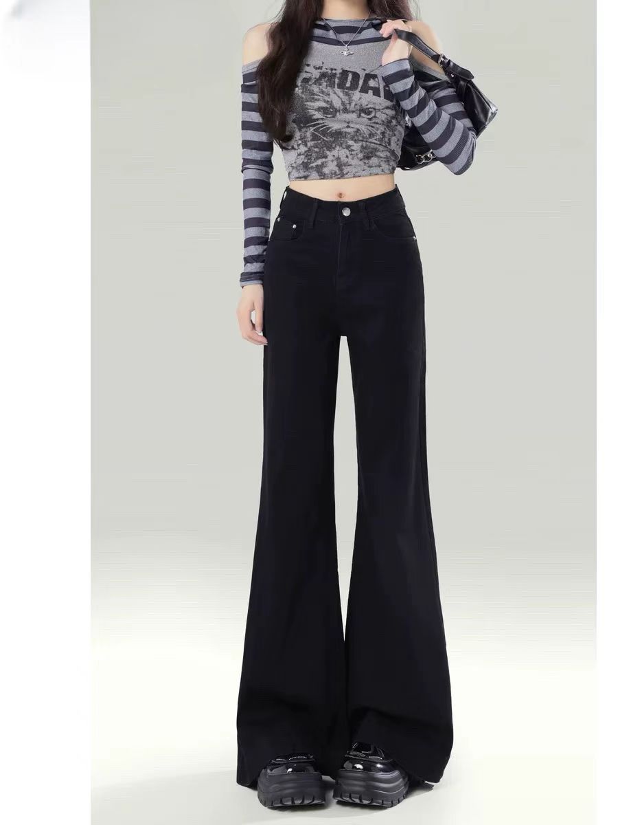 黑色弹力微喇牛仔裤女秋季加绒大码胖mm高腰显瘦梨形身材喇叭裤子