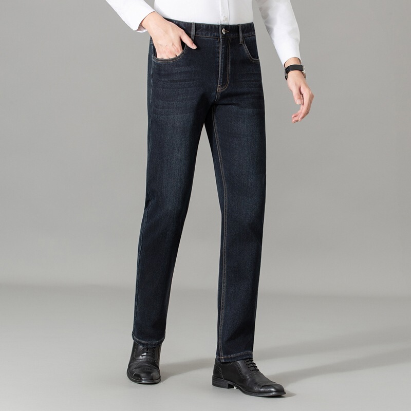 Foreign Trade Big-Name Long-Staple Cotton Jeans for Middle-Aged Men, Tencel Trousers, Straight Pants, Thickeneded Brushed Business Casual Pants