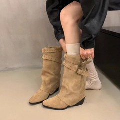 羊皮版~美拉德卡其色皮带扣西部中筒靴女秋冬新款真皮方头裤管靴