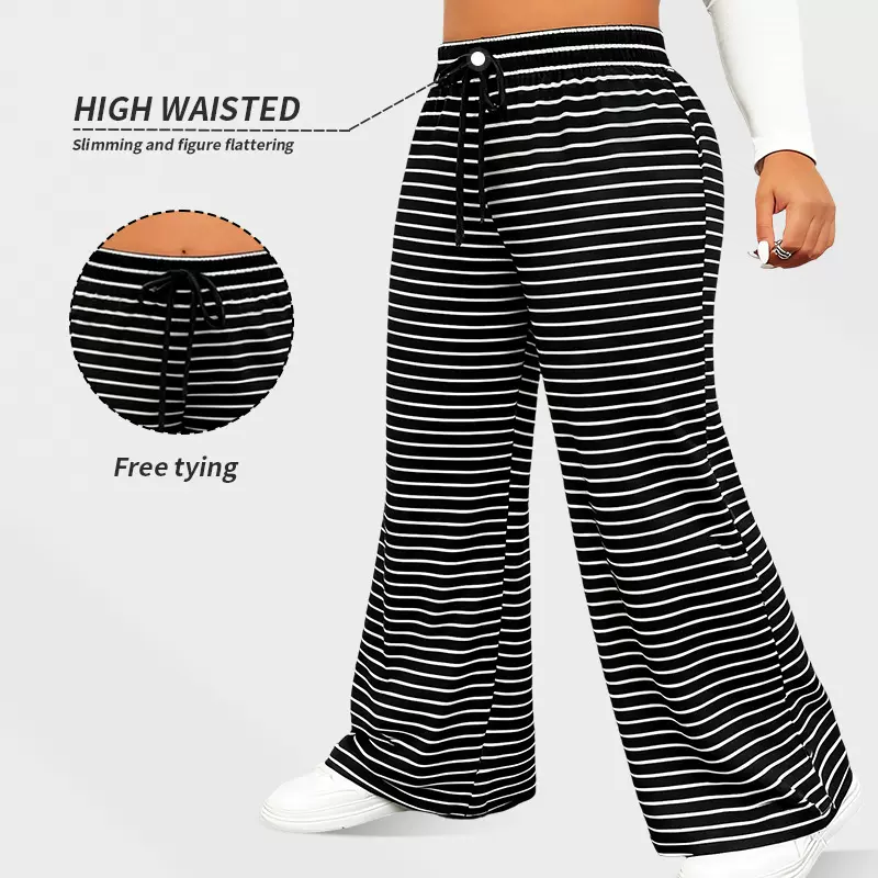 秋冬新款欧美跨境大码女士阔腿裤黑白条纹休闲宽松垂感系带直筒裤