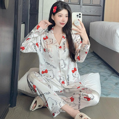 卡通轻奢ins风可爱冰丝睡衣女长袖长裤家居服两件套装可外穿批发