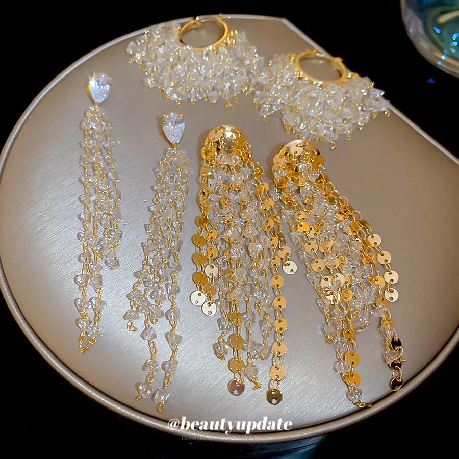 18k oro real galvanizado aguja de plata circón cristal artificial borla pendiente personalidad pendiente de nicho temperamento aretes de alta gama