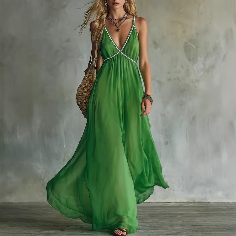 European and American Cross-Border Independent Website: Elegant and Casual V-Neck Sleeveless A-Line Dress, Solid Color Chiffon Long Dress European and American Cross-Border Independent Website: Elegant and Casual V-Neck Sleeveless A-Line Dress, Solid Color Chiffon Long Dress