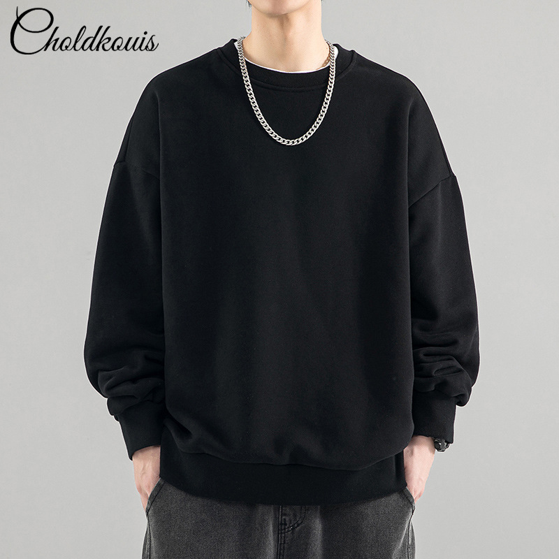 블랙 라운드넥 스웨트셔츠 레귤러 스타일 - 솔리드 컬러 [GL]