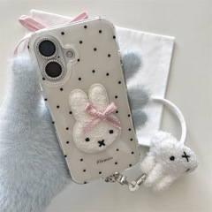 秋冬波点粉色蝴蝶结兔子适用iPhone16苹果15ProMax手机壳14少女13