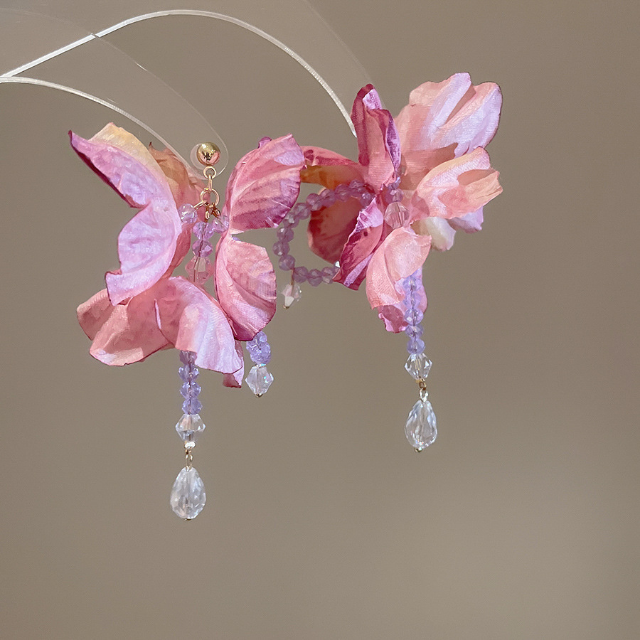 Aguja de plata flor rosa borla estilo vacaciones pendientes verano dulces y exquisitos pendientes pequeños pendientes de diseño fresco mujeres