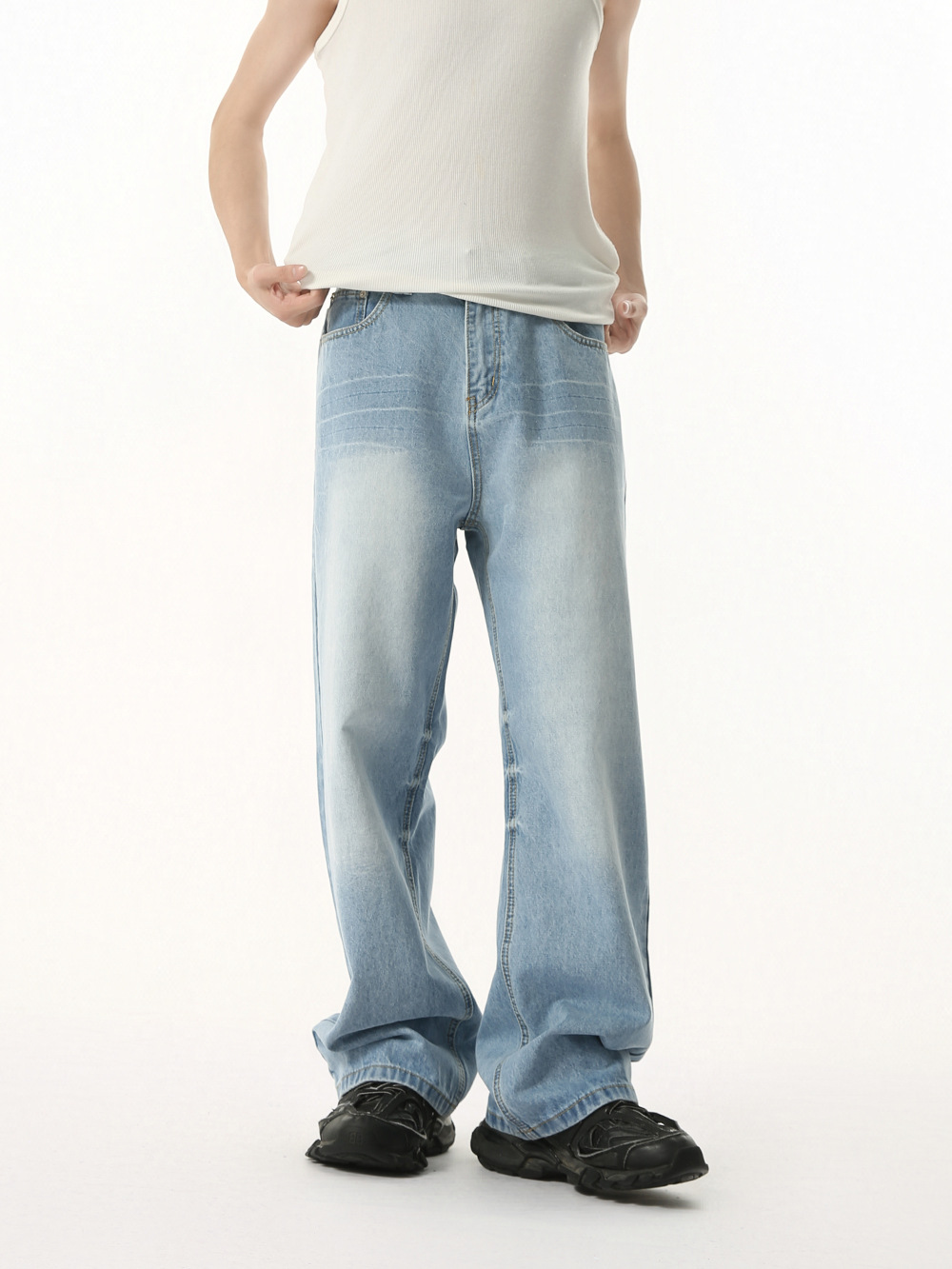 MTLCLOTHES Hombres| Nuevos productos coreanos de color claro lavado con agua molienda blanca cintura elástica recta suelta jeans de moda