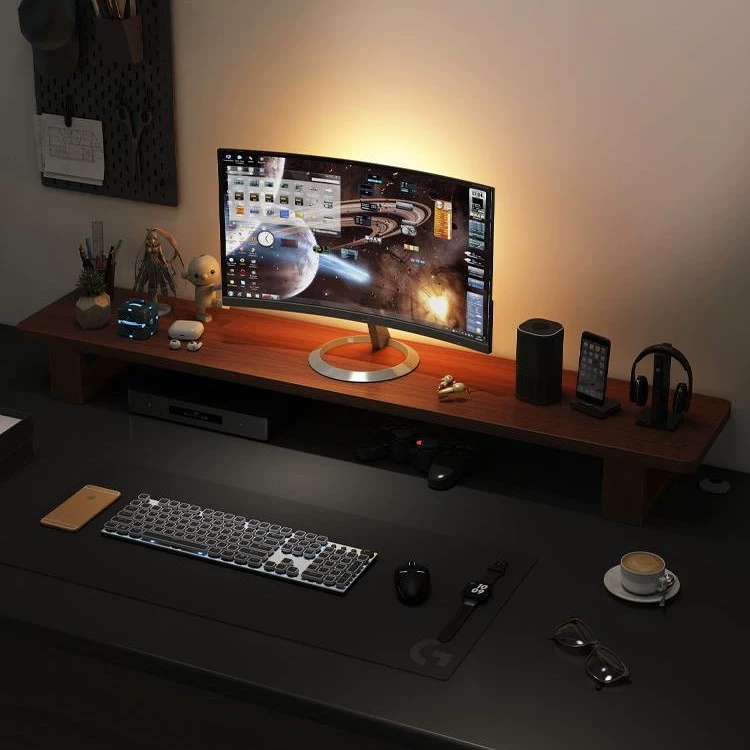 Laptop, LCD display from natural wood, table storage system, support frame