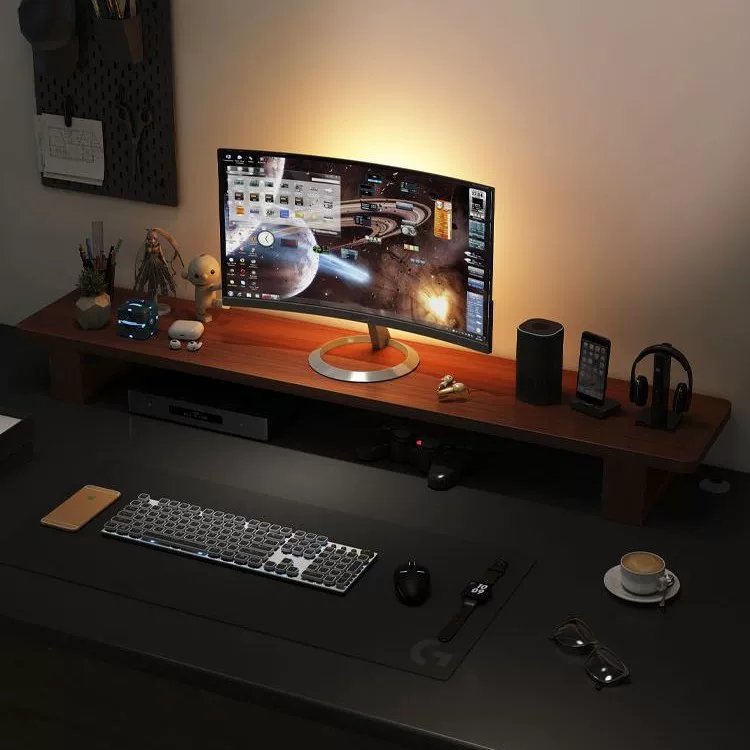 Laptop, LCD display from natural wood, table storage system, support frame