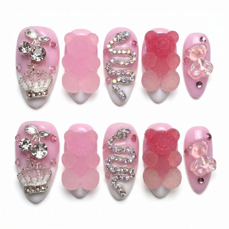 10Pcs Almond-Shaped Sweet Cool Girl Style Glow-In-The-Dark Sugar Bear with Rhinestone Crown Snake, Handmade for Export to Europe and America 10Pcs Almond-Shaped Sweet Cool Girl Style Glow-In-The-Dark Sugar Bear with Rhinestone Crown Snake, Handmade for Export to Europe and America