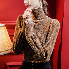 冬季高领水貂磨毛蕾丝上衣女泡泡袖2024秋冬女装厚款保暖打底衫