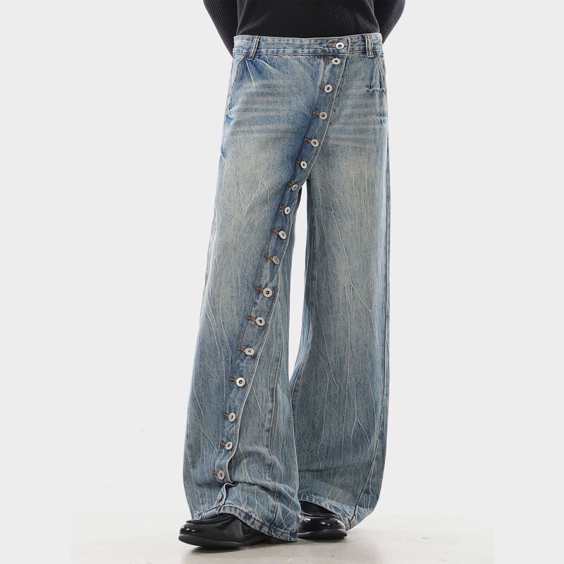 American Retro Washed Denim Jeans with Diagonal Placket Buttons, Slightly Flared, Unisex, Loose Fit, Heavy-Duty, Versatile, Casual Straight-Leg Pants