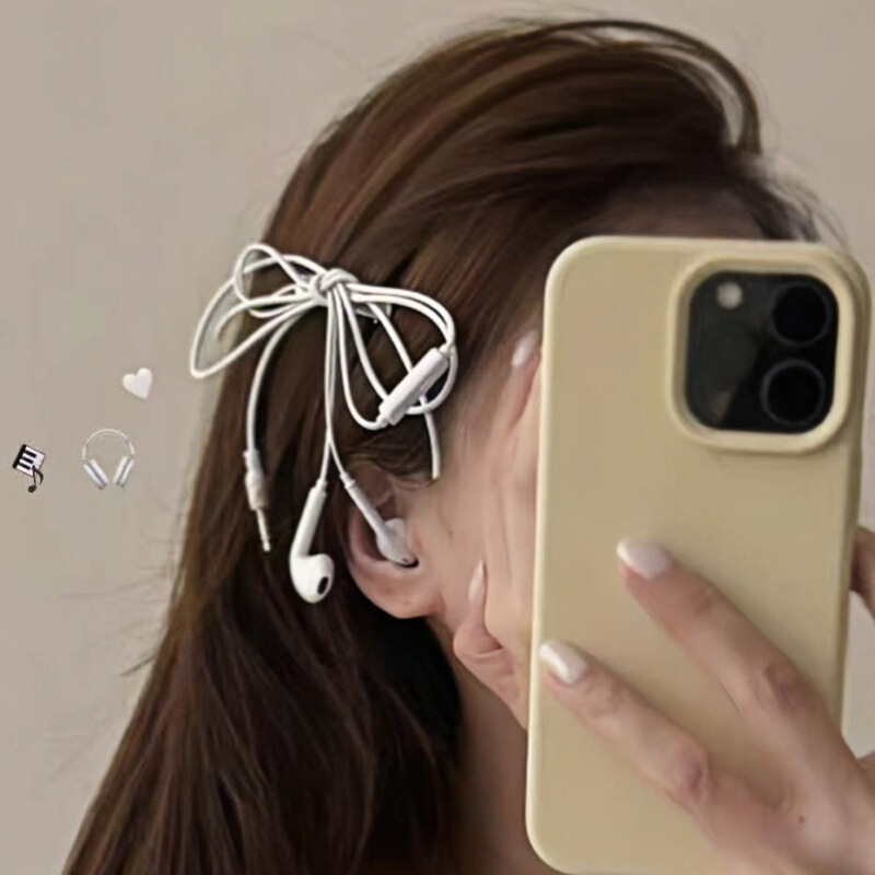 Punk-inspired design with a tie bow, earphone hair clip, Y2K hot girl style, unique niche headwear, cyber style Punk-inspired design with a tie bow, earphone hair clip, Y2K hot girl style, unique niche headwear, cyber style