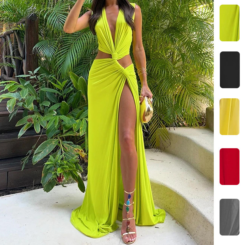 2026 New Summer Women's Clothing European and American Cross-Border Dresses Sexy Hollow-Out Slit Irregular Dress