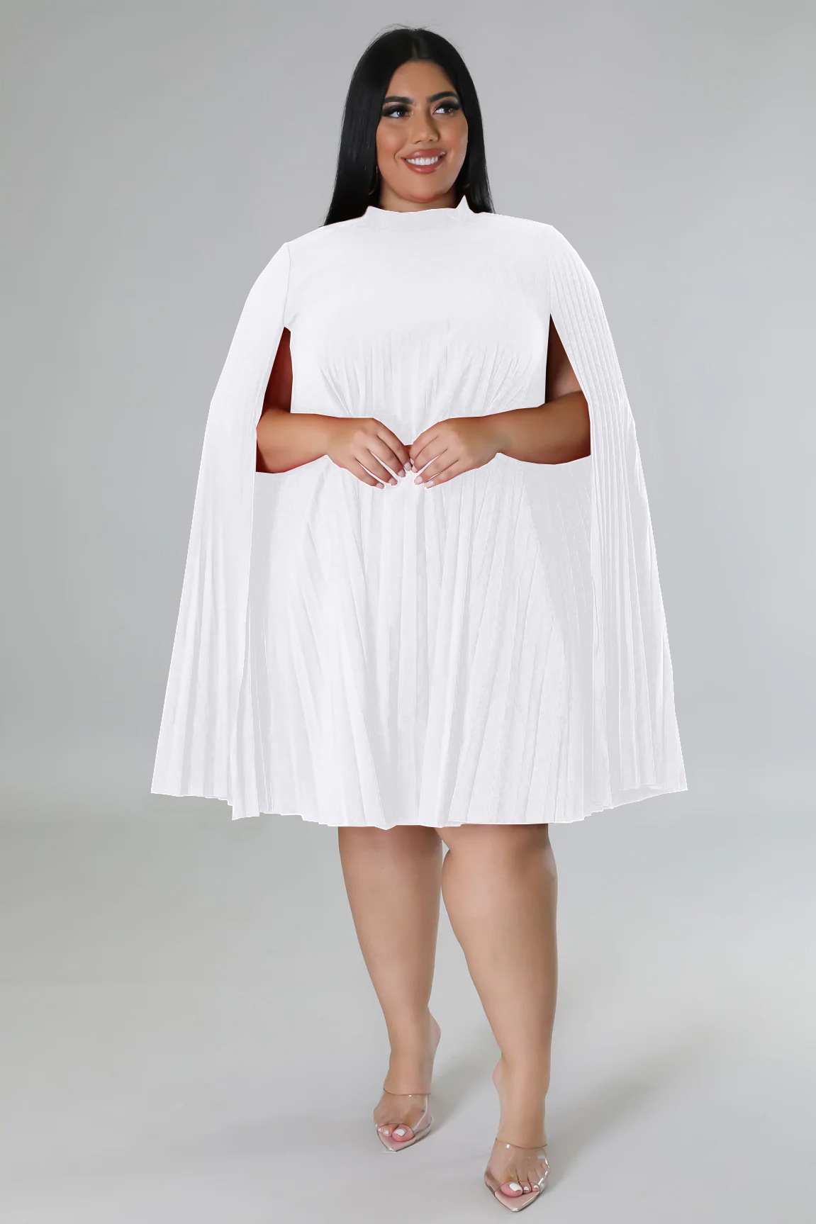 Fashion Solid Color Round Neck Long Sleeve Patchwork Polyester Plus Size Knee-Length Pleated Skirt