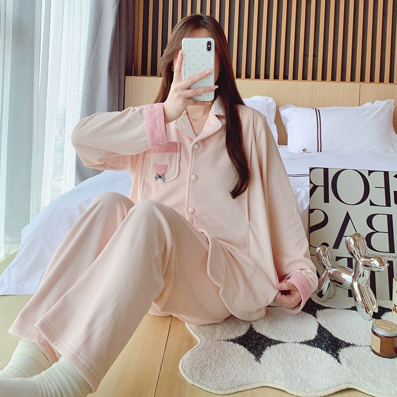 Пижамы для беременных для женщин после родов, осенняя и зимняя одежда для кормящих мам, весенне-осенний стиль, островной бархат, послеродовая беременность, на флисовой подкладке и утолщенная.