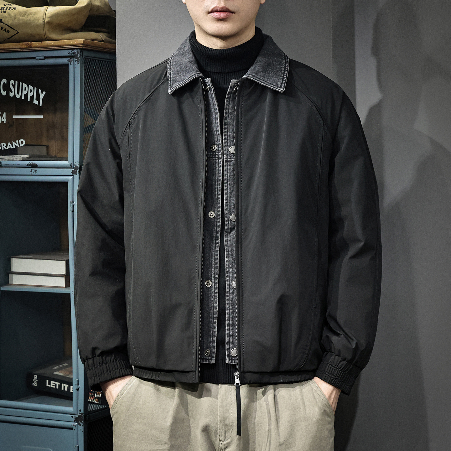 2025 New Winter Fake Two-Piece Warm down Jacket for Men Loose Large Size Lapel Denim Splicing Shirt Jacket