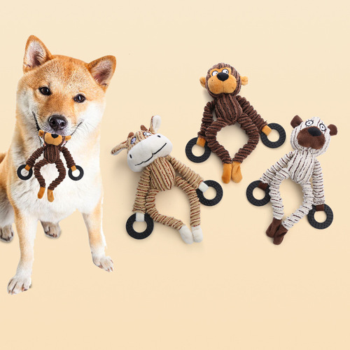 Corduroy dog ​​toy, teeth grinding cartoon, little monkey, bull and bear shape dog toy, rubber ring pet toy